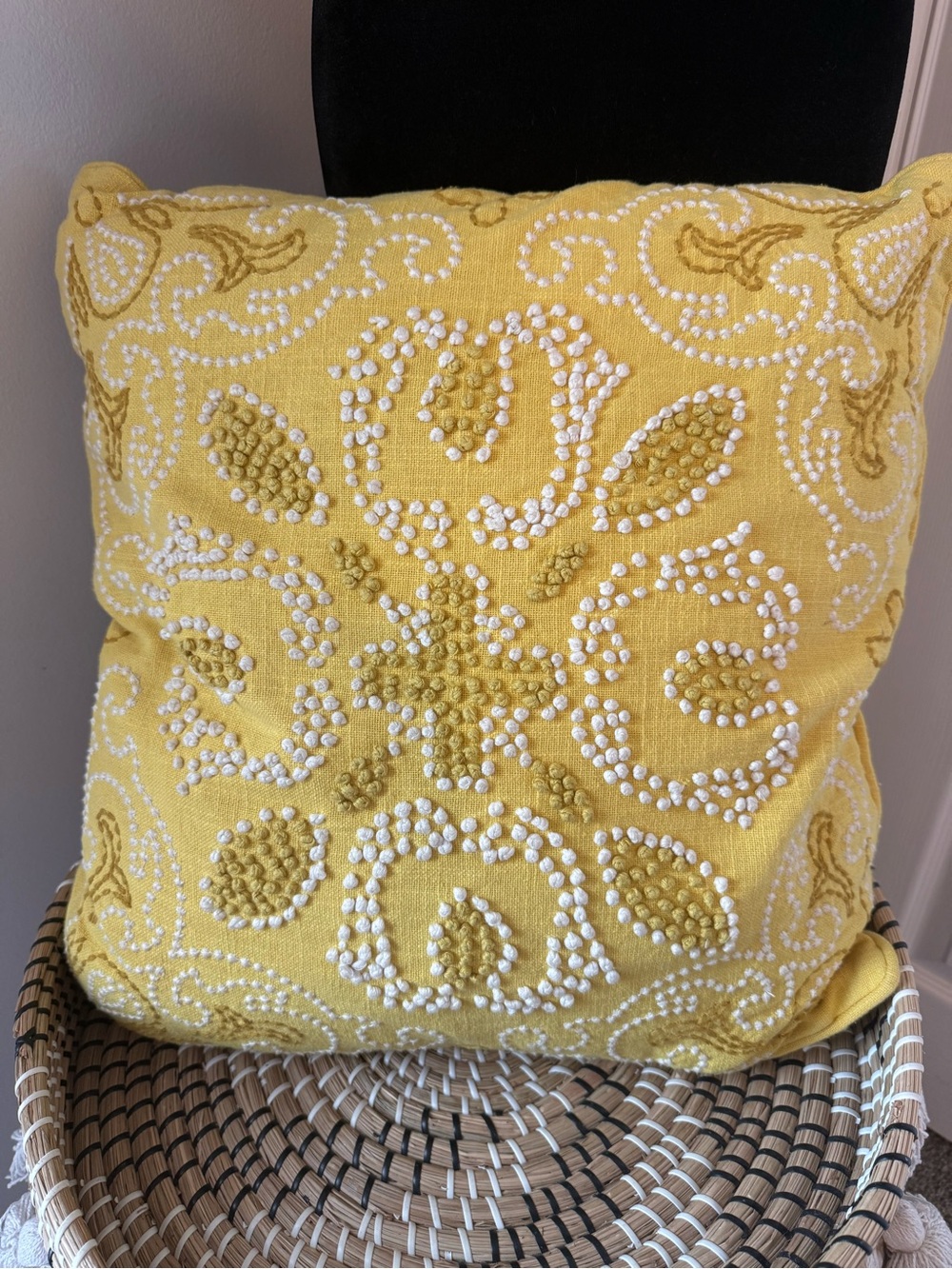 Yellow Embroidered Accent Pillow with Textured Dot Detail